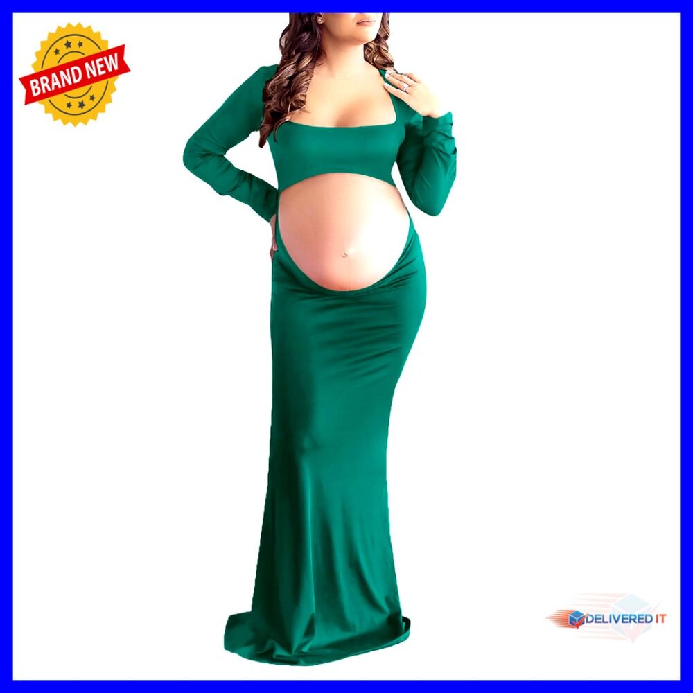 Maternity Maxi Dress Long Sleeve Square Neck Backless Bodycon Photoshoot Gown